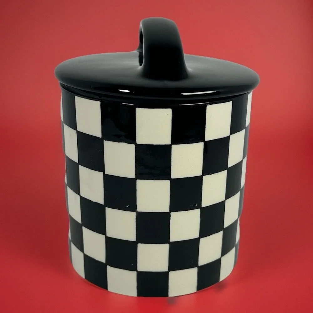Potter's Studio Black White Checkered Cookie Jar‎ Ceramic Canister W Lid NEW